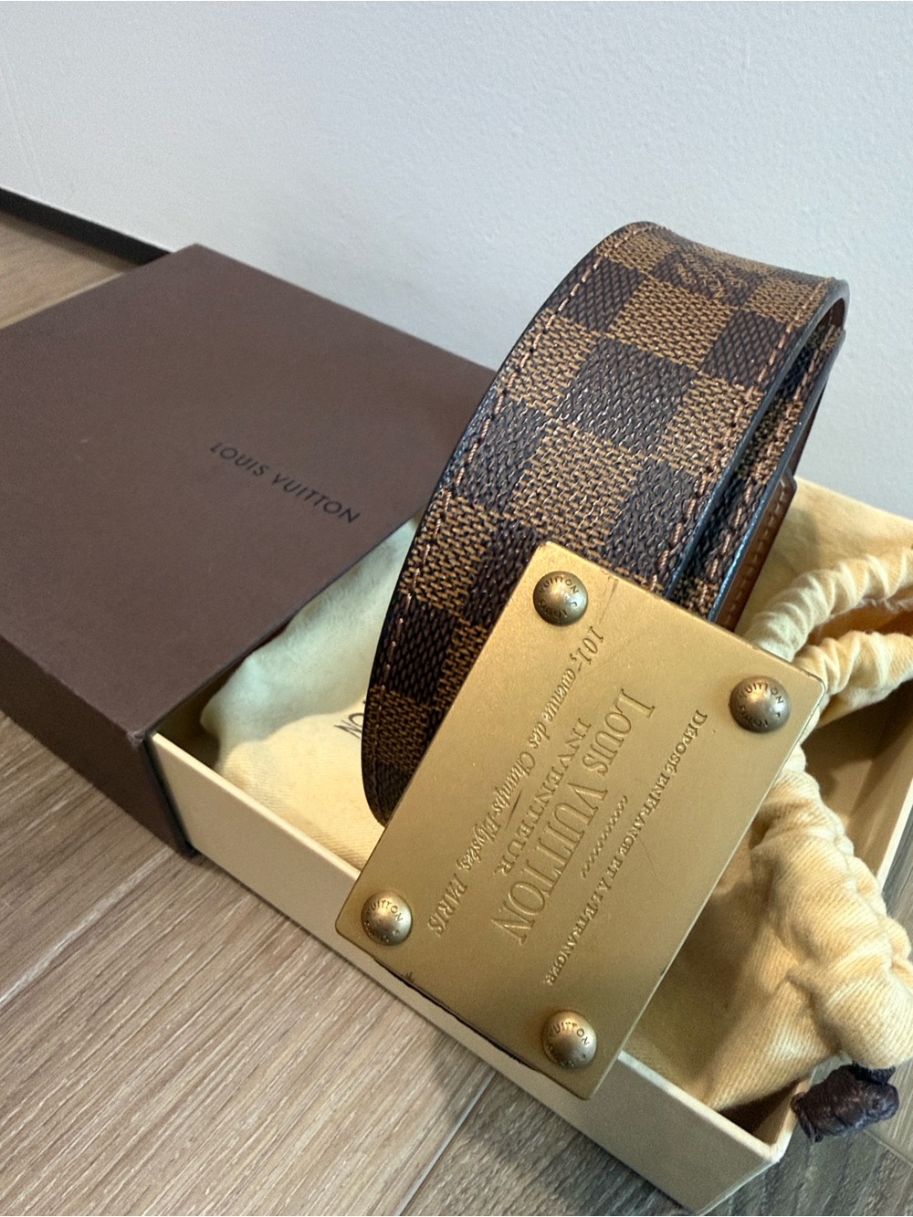 Authentic Louis Vuitton Brown Damier canvas Belt with Gold Plaque buckle